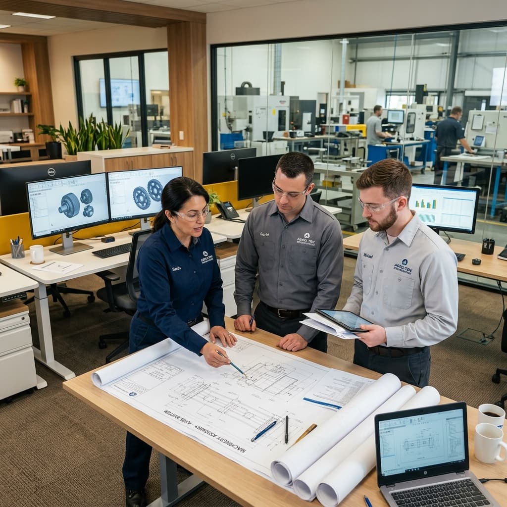 PAM Industries engineering staff reviewing blueprints