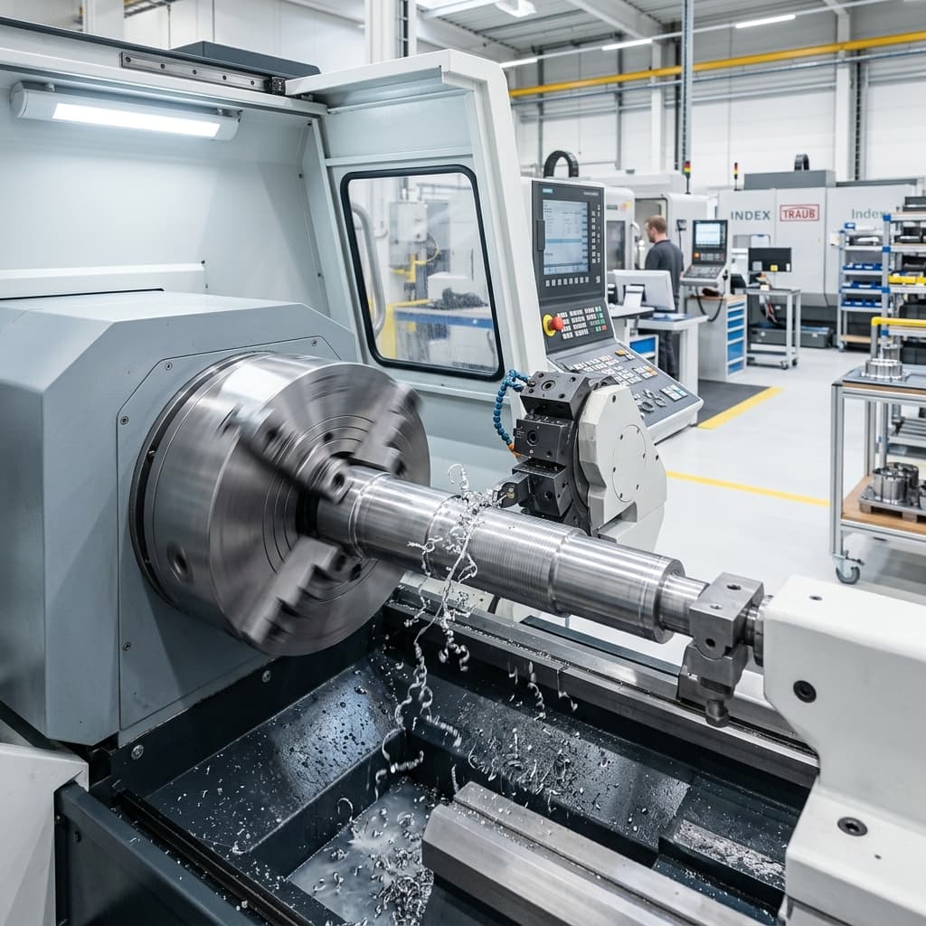 CNC lathe turning a metal shaft